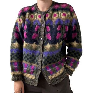Vintage 1990s Womens Mohair Blend Floral Cottagecore Fluffy Fuzzy Cardigan Sz S